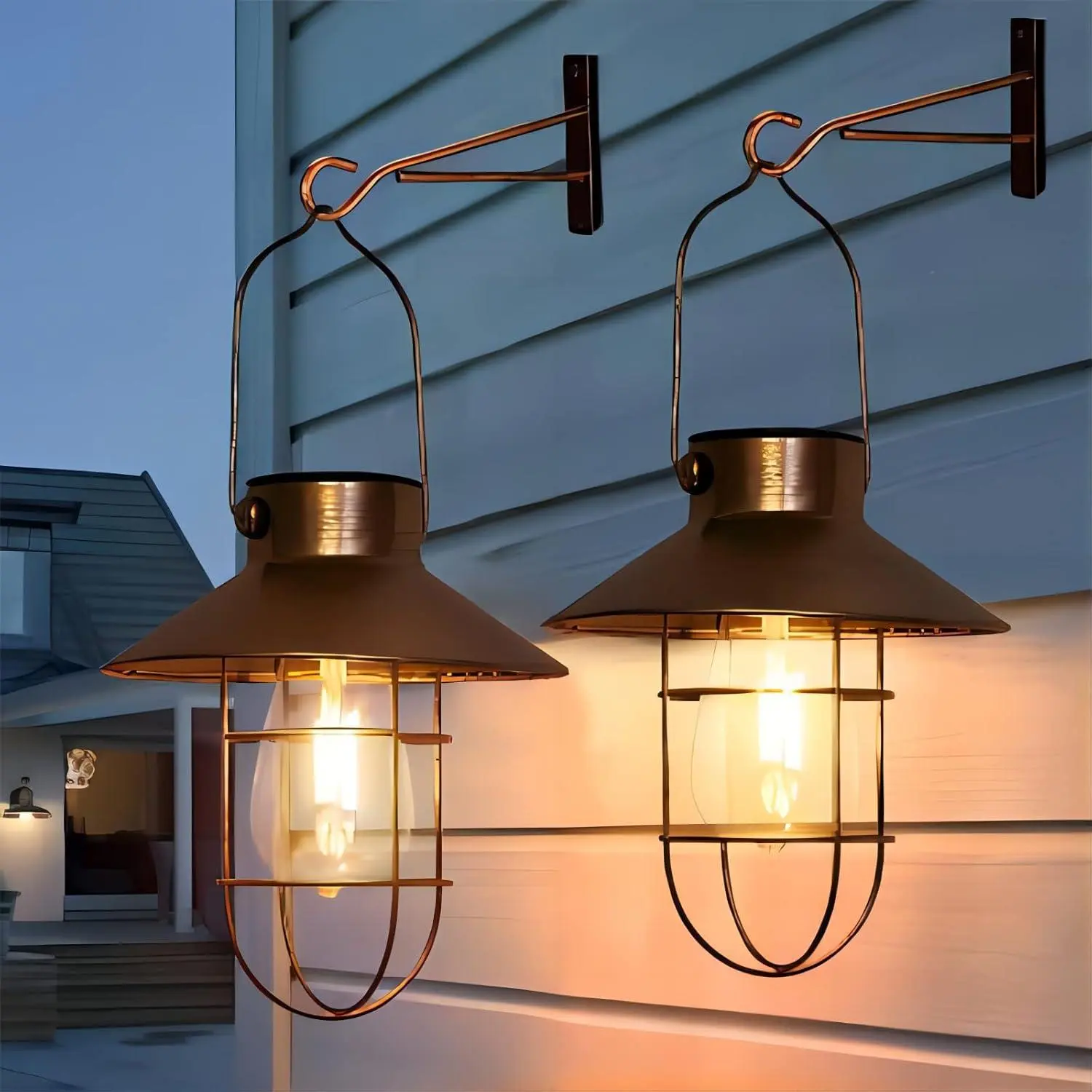 2-Pack Vintage Copper Farmhouse Solar Hanging Lanterns - Outdoor Waterproof Metal Cage Lights with Warm Edison LEDs, Auto On/Off for Porch Patio