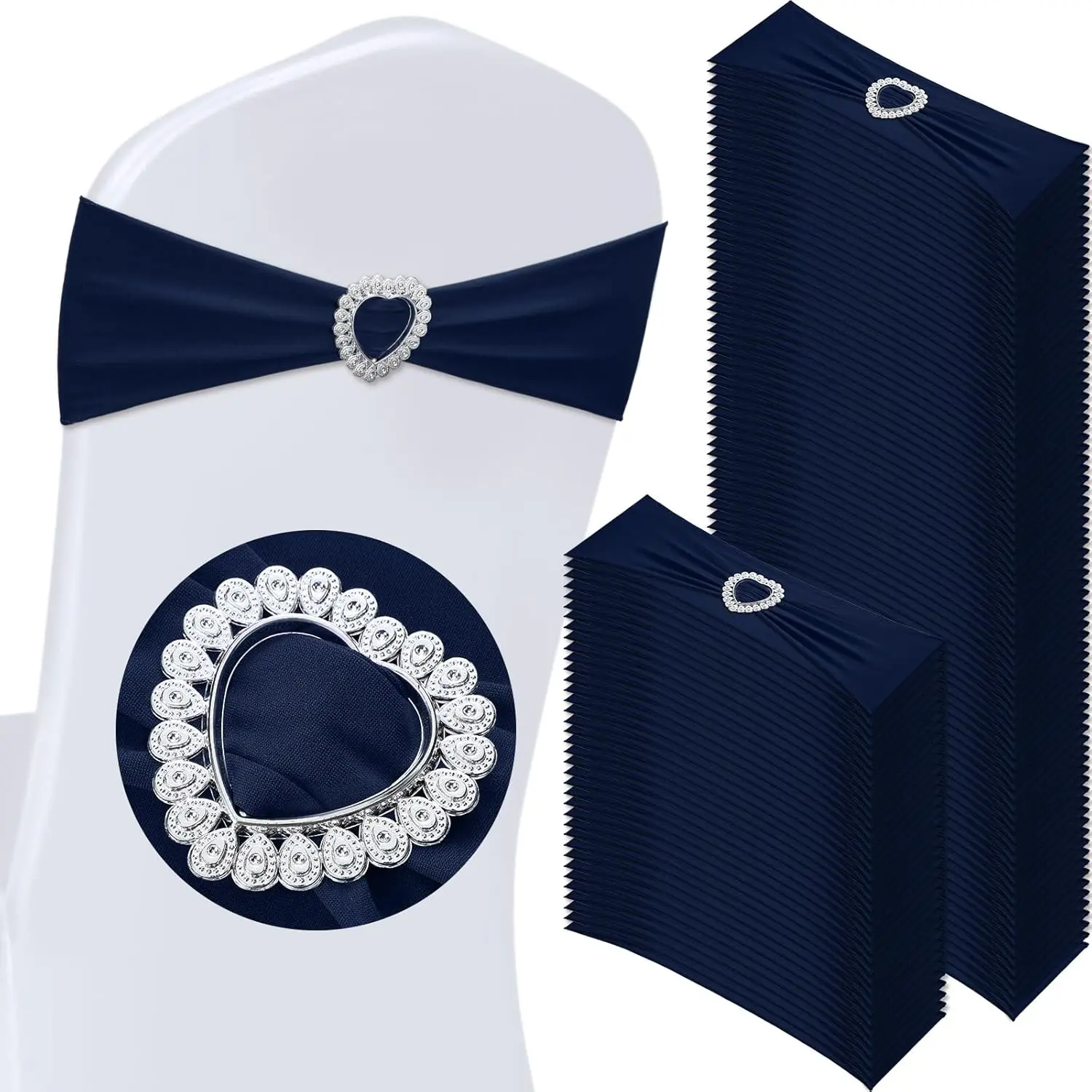 100 Pcs Spandex Chair Sashes with Heart Slider,Deep Blue