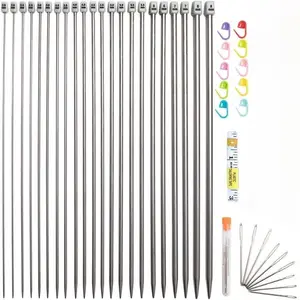Knitting Needle Set, 22PCS 2mm(B)-8mm(L) Straight Single Pointed Stainless Steel Sweater Needles Set(11Pair-11 Size,9.8 inch) with Locking Stitch Makers Large-Eye Needles Measure Tape (36CM)