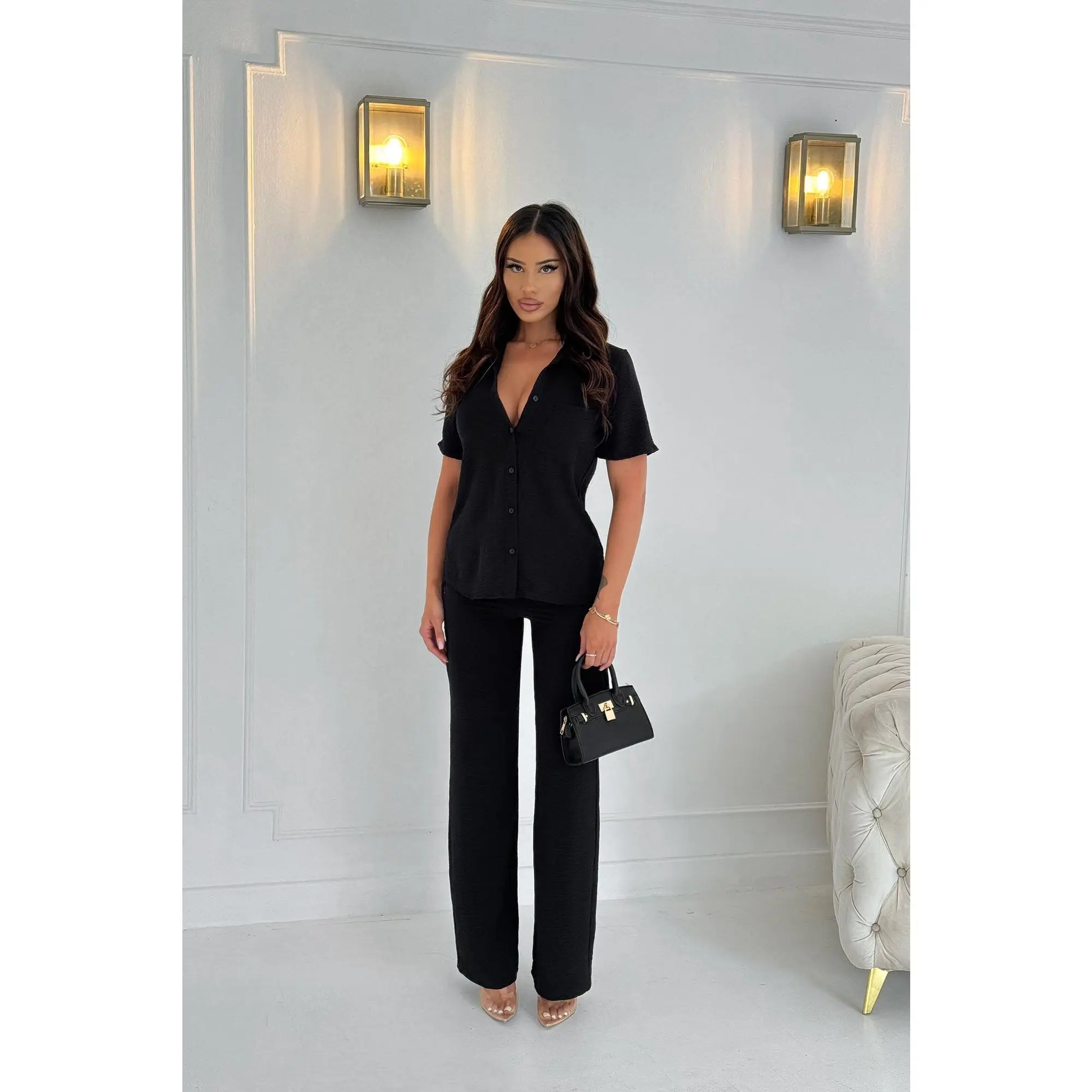 Makenzie Short Sleeve Pant Set - Black