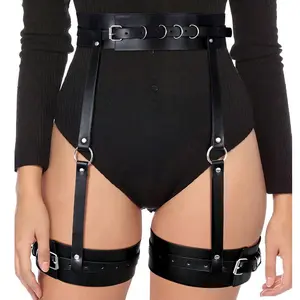 Belts Black PU Leather Garter Harness Wide Waistband With Metal O Rings Adjustable Dual Thigh Straps Women Gothic Night Club Party Outfit Accessory