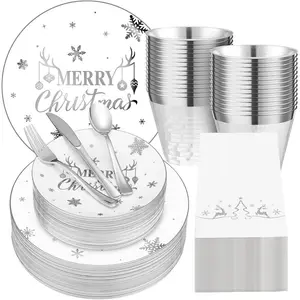 Christmas Party Tableware 210 Pcs Christmas Disposable Plates and Cups Xmas Cutlery and Napkins for Serves 30 Guests Christmas Party Supplies (White and Silver)