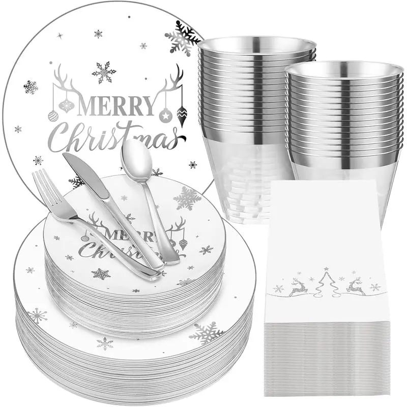 Christmas Party Tableware 210 Pcs Christmas Disposable Plates and Cups Xmas Cutlery and Napkins for Serves 30 Guests Christmas Party Supplies (White and Silver)