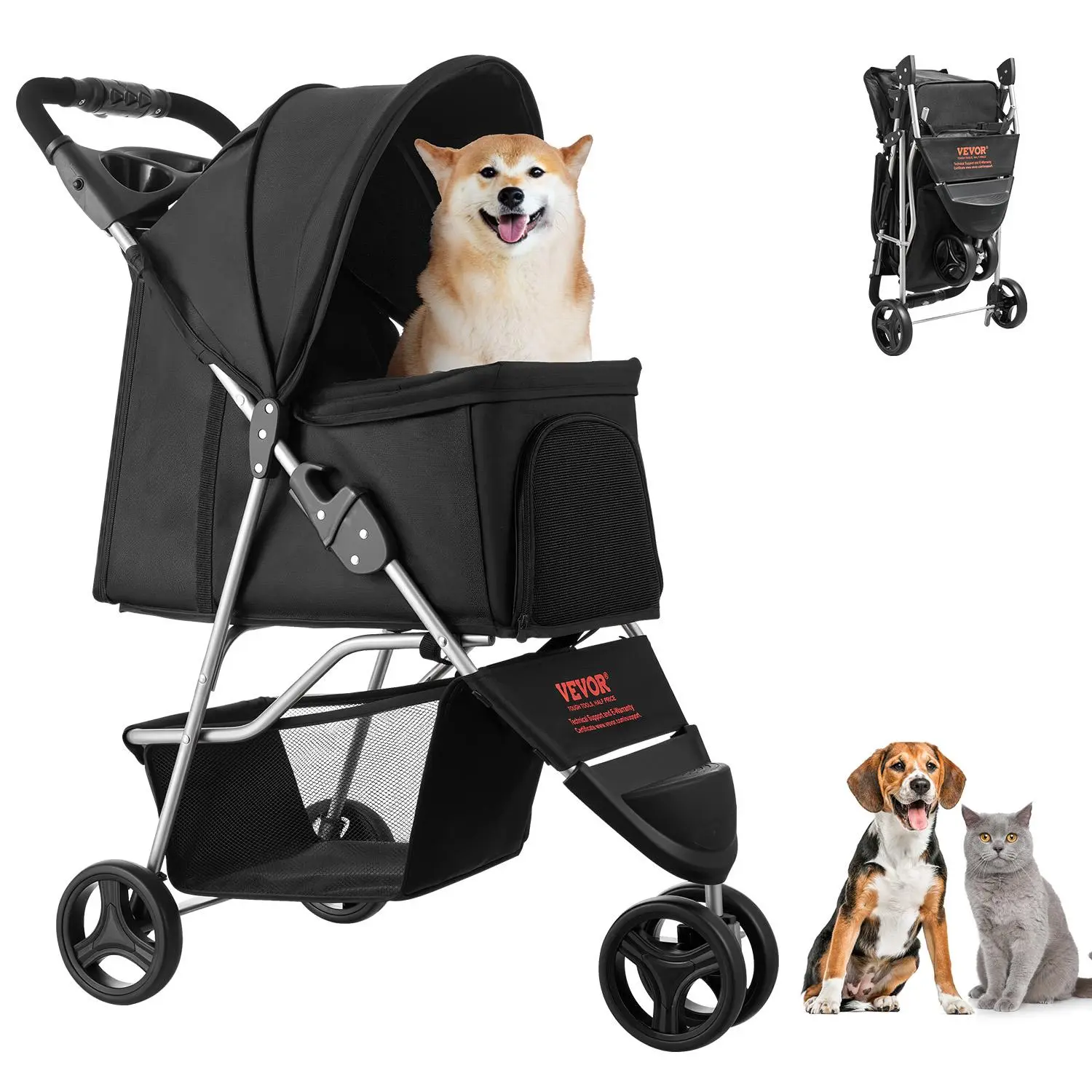 【summerfinds】VEVOR Pet Stroller, 35 lbs Weight Capacity, Foldable Dog Stroller Cart, 3 Wheels Cats Stroller with Mesh Windows and Cup Holders, Portable Pet Carrier Stroller with Brake, for Small to Medium Pets