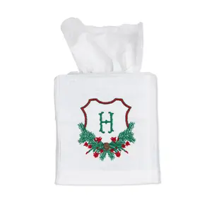 Embroidered Christmas Tissue Box Cover with Cactus Crest Wreath and Personalized Single Letter Monogram