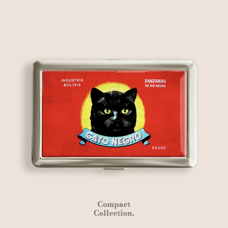 Vintage Stainless Steel Rectangle Argentina Gato Negro Black Cat Cigarette Box - 100s Size Metal Blunt Holder, 4in x 2.67in x 0.67in Heavy Duty Organizer, Business Card Holder, Button Wallet, Dripping Epoxy Resin Pattern Great Gift for Men, Women, Friends