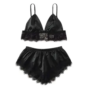 Generic Women Lace Lingerie Pajama Sets 2 Piece Sleepwear Cami Tops and Silk Satin Shorts Underwear Sexy Camisole and Panty Set Medium A02_black