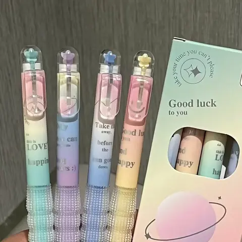 Set of Four Star Click Pens, Macaron Gradient Color Pen Caps, Transparent Pen Clips, Anti-Slip Grip, Comfortable Writing, Cute Writing Pen for Students Office Daily Use, Office Stationery Supplies, Stationery Writing Tools