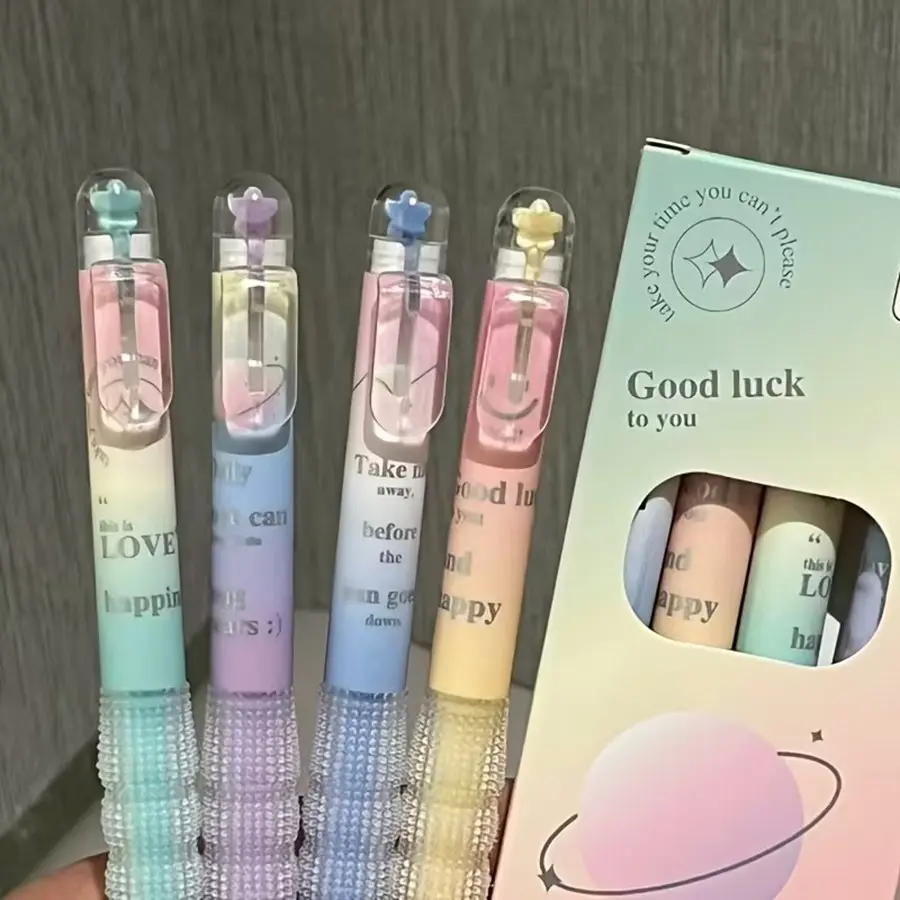 Set of Four Star Click Pens, Macaron Gradient Color Pen Caps, Transparent Pen Clips, Anti-Slip Grip, Comfortable Writing, Cute Writing Pen for Students Office Daily Use, Writing Stationery, Office Stationery Supplies