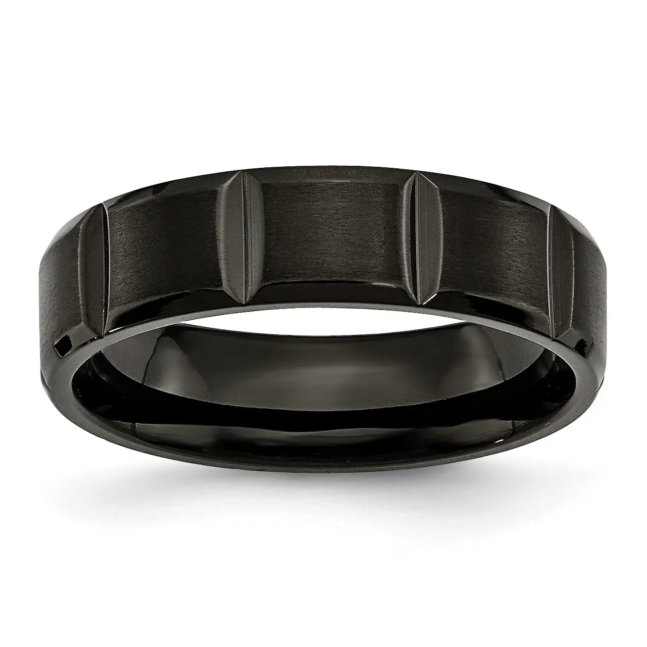 Unisex Modern Titanium Wedding Band - 6mm Grooved Black IP-Plated, Brushed Finish, Polished Edge, Corrosion-Resist, Custom Engravable for Everyday & Wedding Wear
