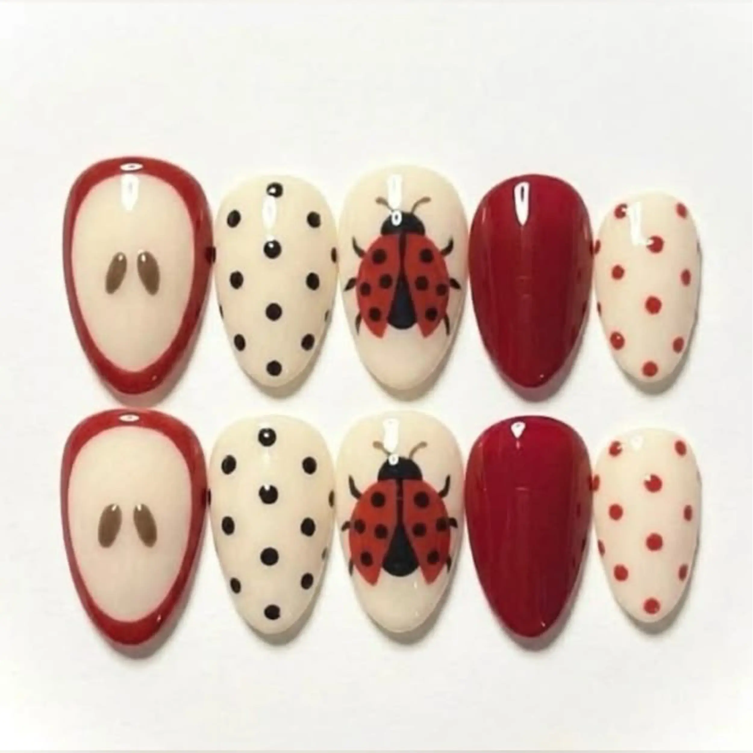 Ladybug Press On Nails, Red & Cream Polka Dot Fake Nails, Cute Hand Painted Bug Nail Art, Glossy Almond Reusable Nail Set