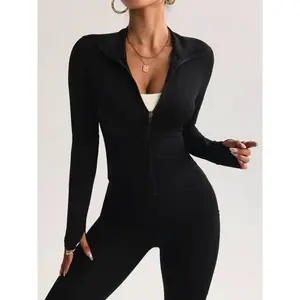 Women's Ultra-Soft Lightweight Full Zip Solid Zipper Front Yoga Jacket, Long Sleeve Stand Collar, Slim Fit Casual Sports Top, Comfortable Fashion Design