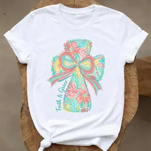 Vibrant Cross and Bow Cotton Casual Round Neck Short Sleeve Summer T Shirt with He Is Risen Graphic and Machine Washable Design Perfect for Easter and Religious Casual Wear