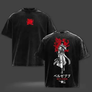 Vintage Washed Black Record of Ragnarok Beelzebub Anime Graphic Tshirt for Men Oversized Short Sleeve Casual Streetwear Tops with Red Demon Print for Daily Wear and Gothic Style