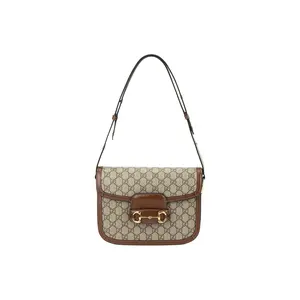 Pre-owned GUCCI leather Shoulder Bags Horsebit 1955 canvas patchwork handbag crossbody shoulder bag brown