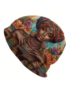Biihudu Fashionable Polyester Knit Beanie Hat with African Woman Artwork, Stretchable Polyester & Elastane Blend No-Brim Cap