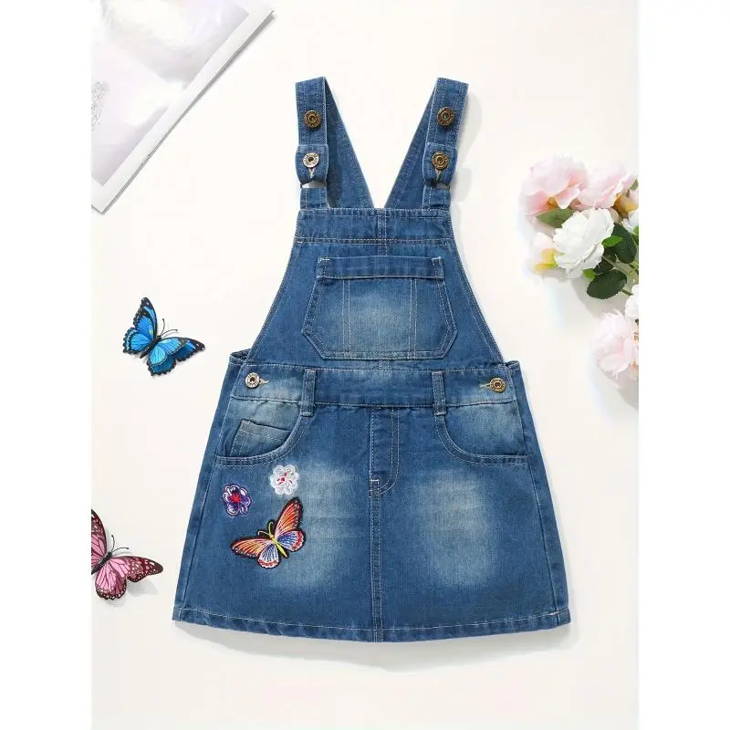 Girls' Denim Pinafore Dress with Butterfly Embroidery - Casual V-Neck Sleeveless Loose Fit Jumper, 80% Cotton 20% Polyester Woven, for Spring Fall, 7-8Y, Machine Washable, Do Not Dry Clean