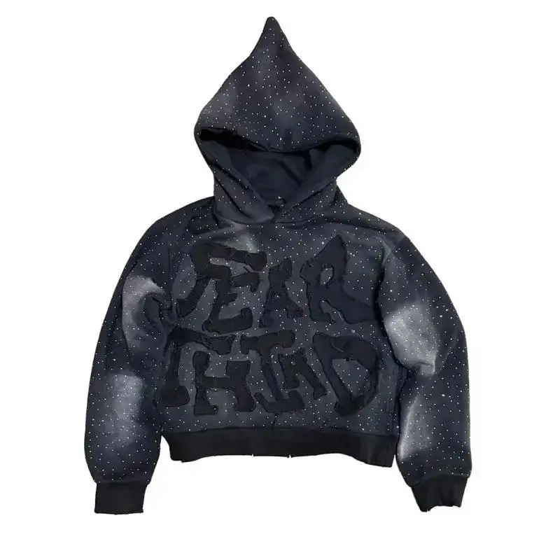 New Fashion Harajuku Style Bright Rhinestone Oversized Letter Patch Hoodie Unisex Hip-Hop Gothic Casual Sweatshirt Fabric Flat Dot Fleece Original Outerwear(Sheets)1123