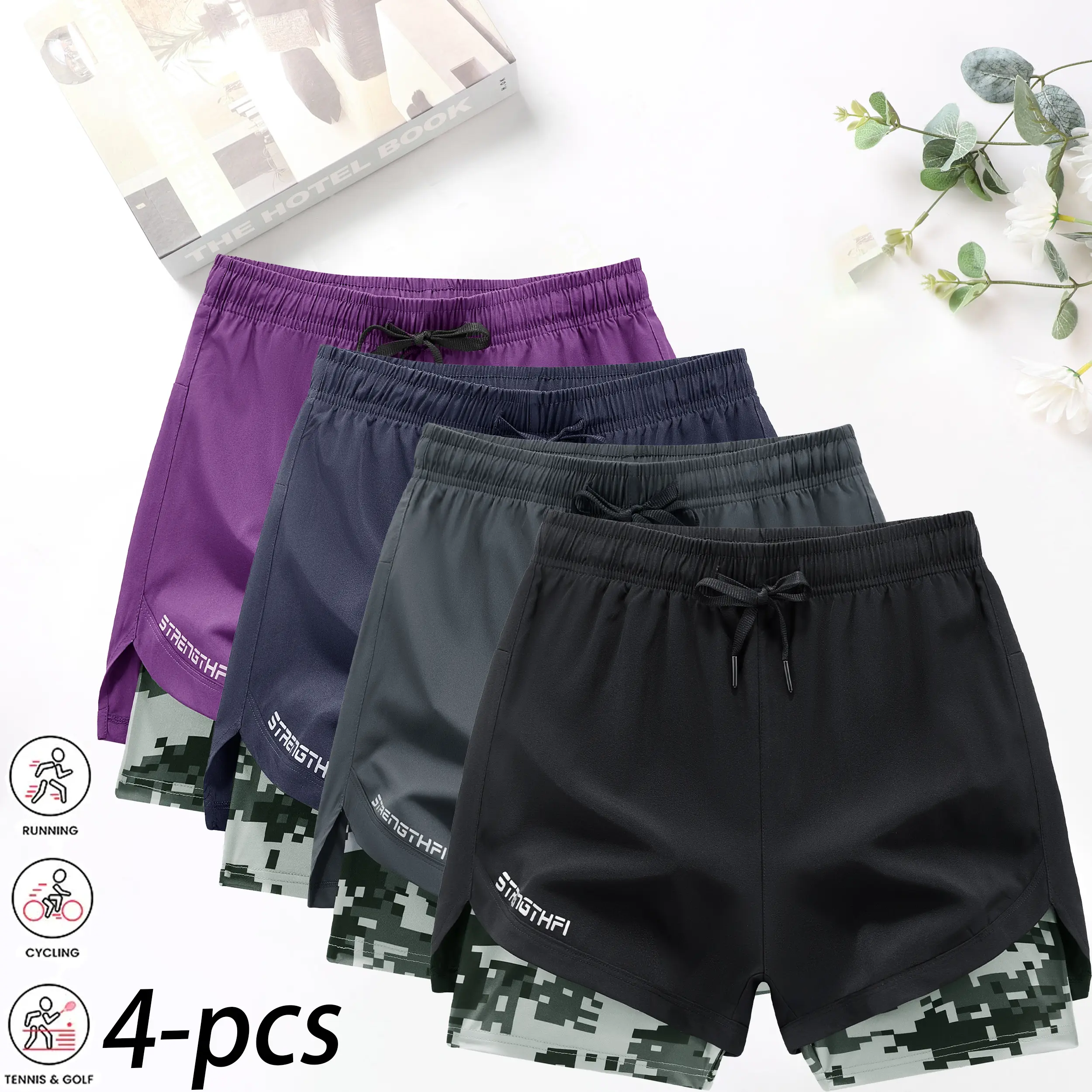 4-Pack Women’s 2-in-1 Camouflage Lined Running Shorts — Quick-drying, anti-chafing sports shorts with no ride-up issues, suitable for the gym, yoga, and outdoor workouts