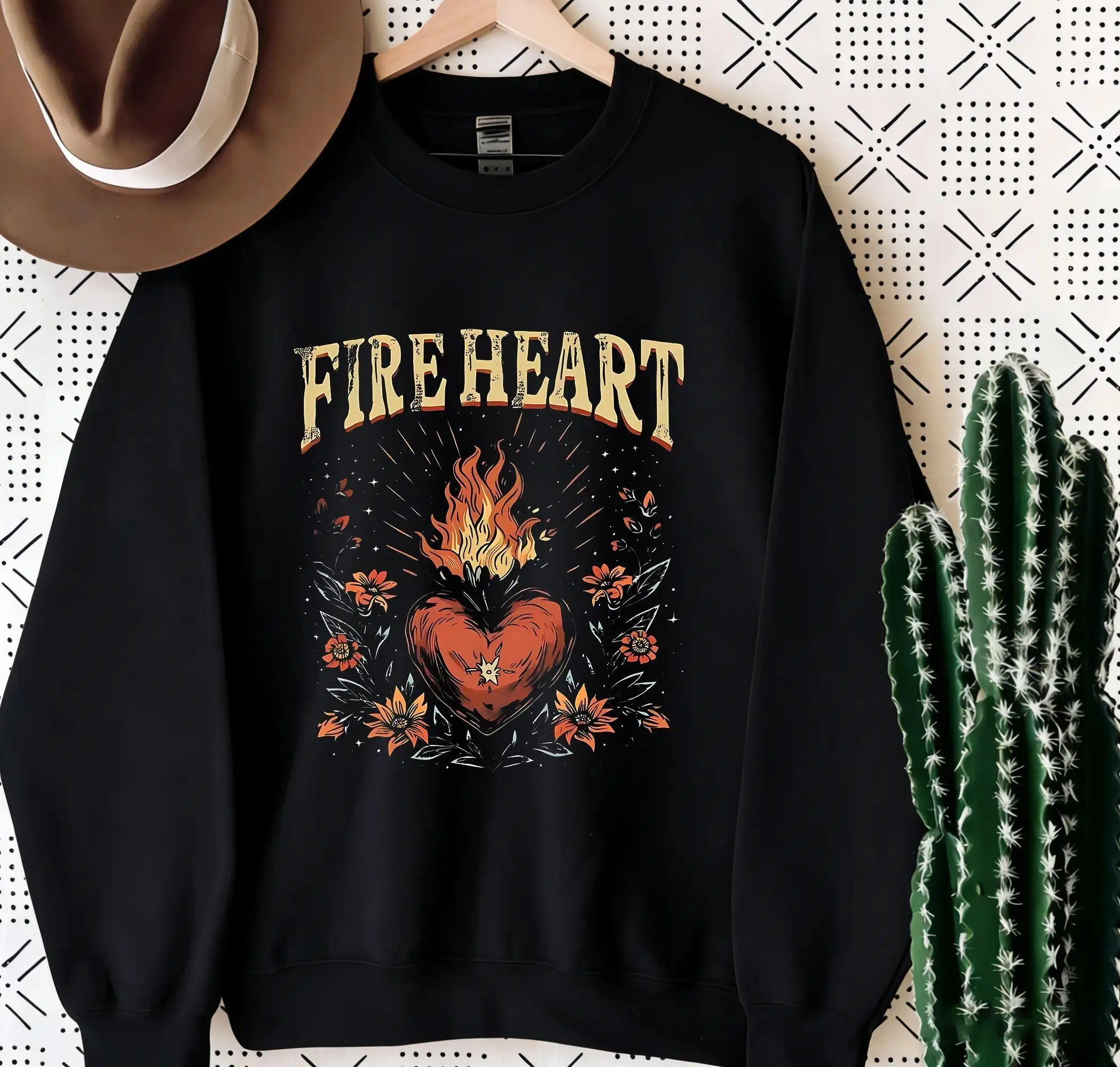 PeakPrint Tees Women's Graphic Fire Heart Sweatshirt, Bold Statement Retro Pullover, Trendy Casual Long Sleeve Top for Daily Wear, Streetwear & Fashion Outfits