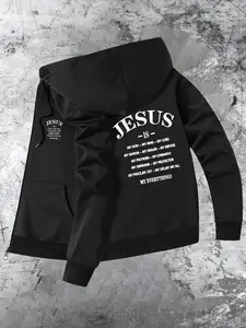 Men's Jesus Print Zip Up Hoodie, Regular Fit Casual Long Sleeve Zip Front Hooded Jacket for Spring & Fall, Fashion Men's Clothes for Daily Wear, Sweatshirts