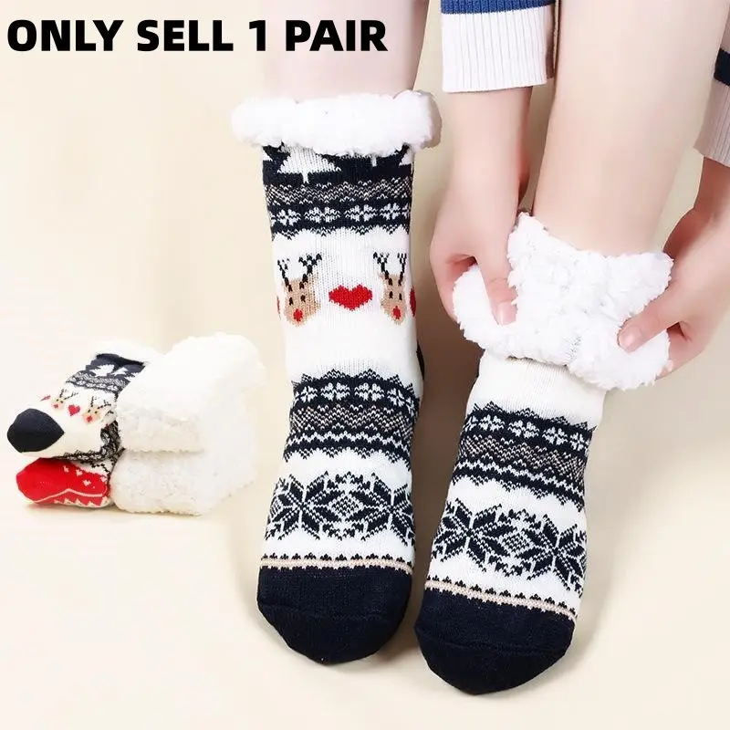 Thick Sheepskin Slipper Socks, Winter Sleep Floor Socks, Christmas Reindeer Design, Windproof Warm Socks, Perfect Gift for Holidays