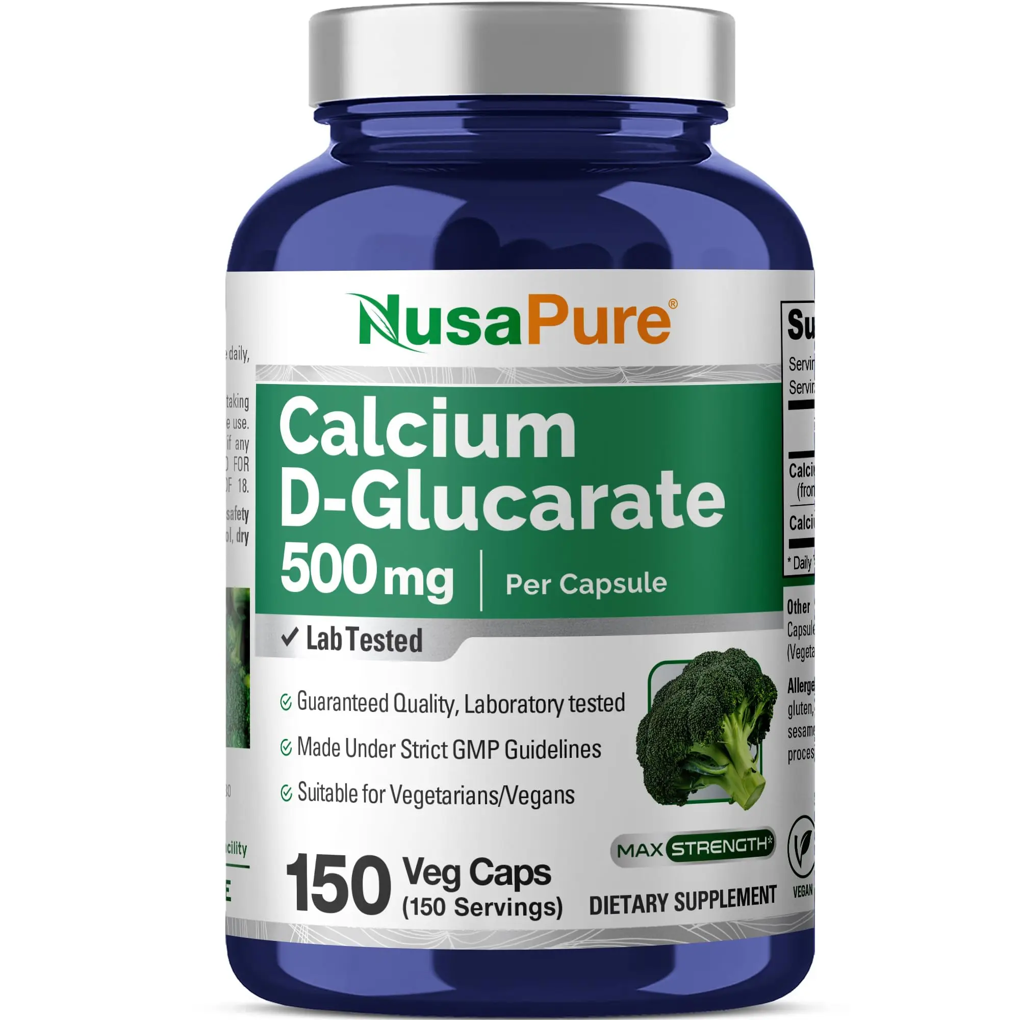 NusaPure Calcium D-Glucarate Dietary Capsule - 500 mg, 150 Veggie Caps, Vegan, Non-GMO, Gluten-Free, GMP-Certified Plant-Based Vitamins Supplements