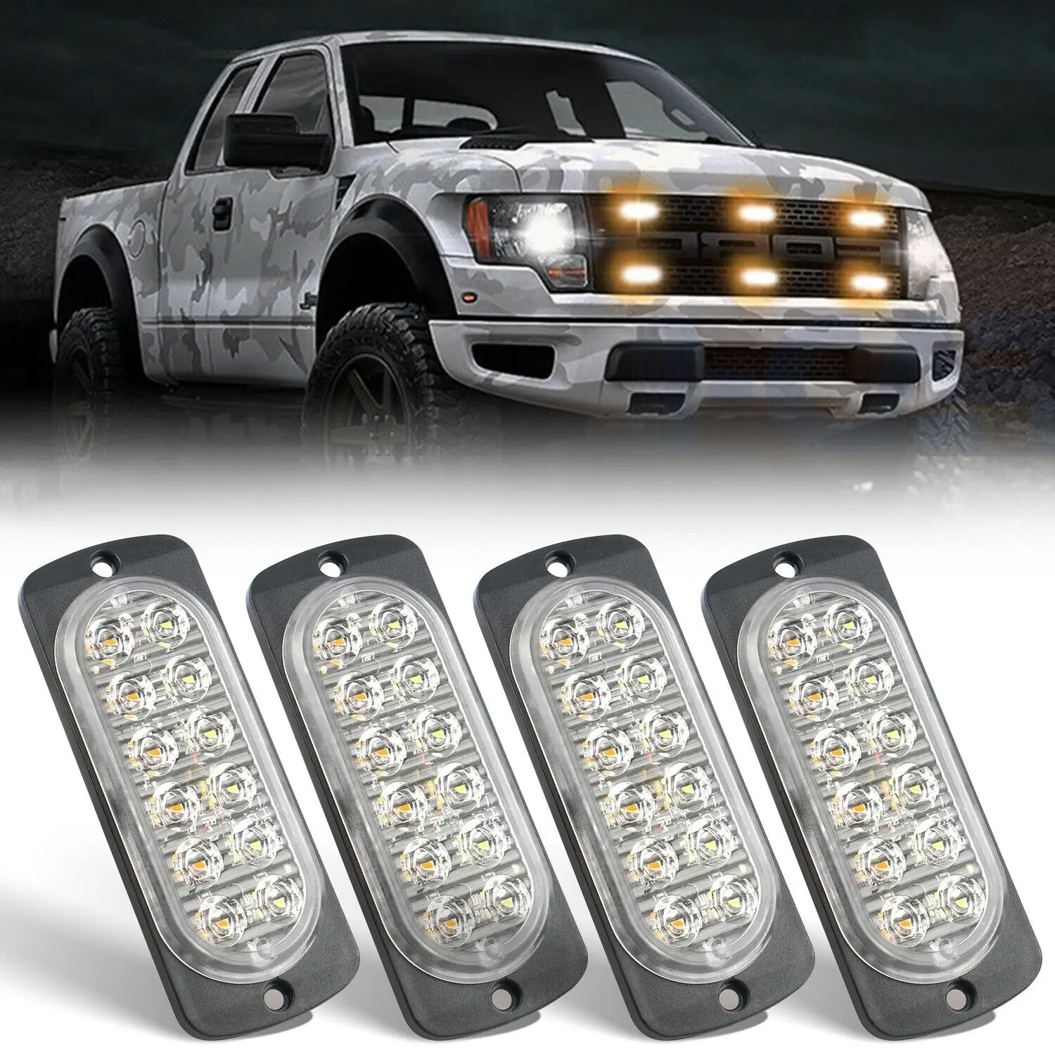 4PCS Amber/White 12 LED Car Truck Warning Hazard Flash Beacon Strobe Light jeeplight Bar Side Lamp