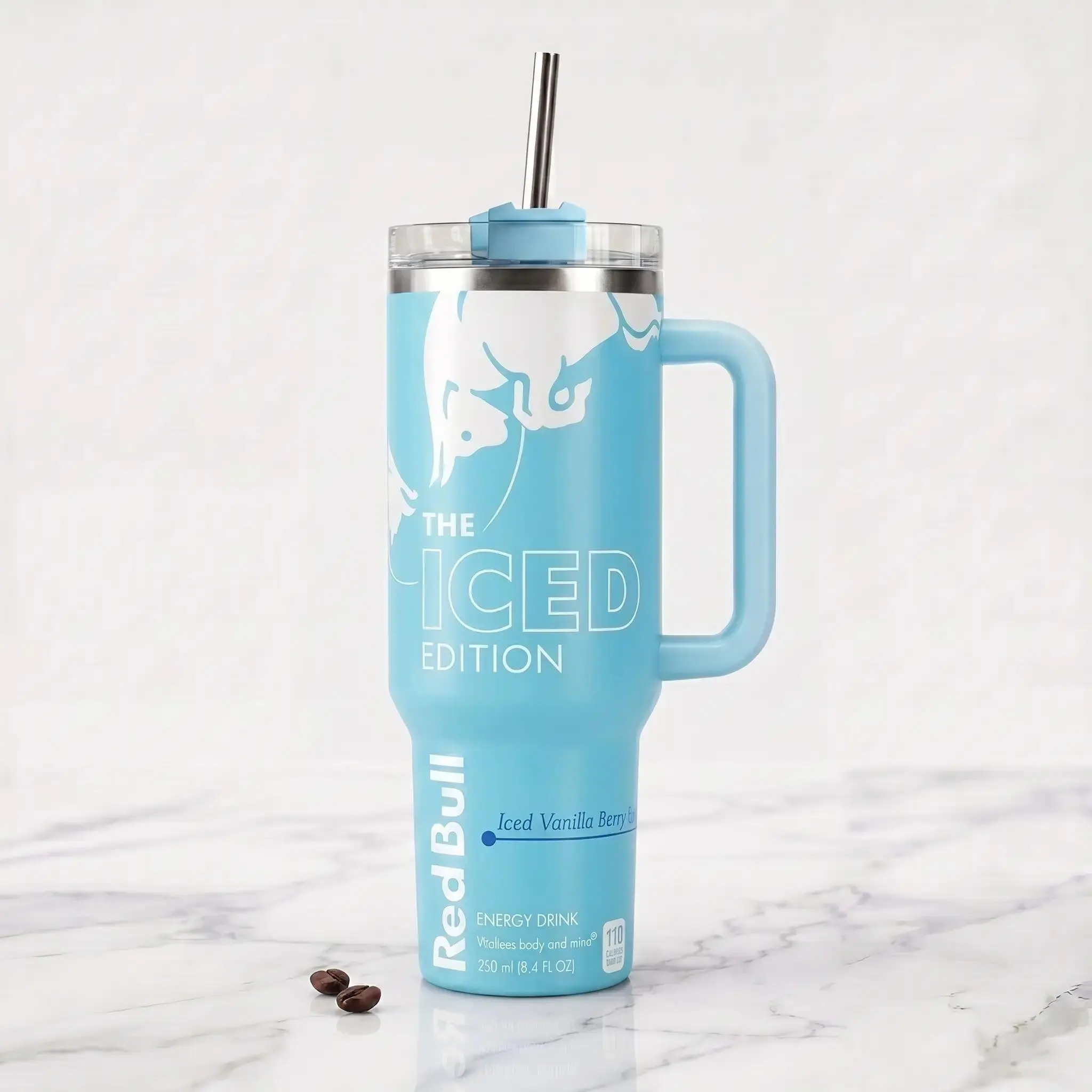 RB Iced Edition Sugar Free 40oz Stainless Steel Tumbler, Insulated Travel Mug with Handle & Straw, Energy Drink Inspired Coffee Cup, Vacuum Insulated Tumbler, Gift for Him & Her