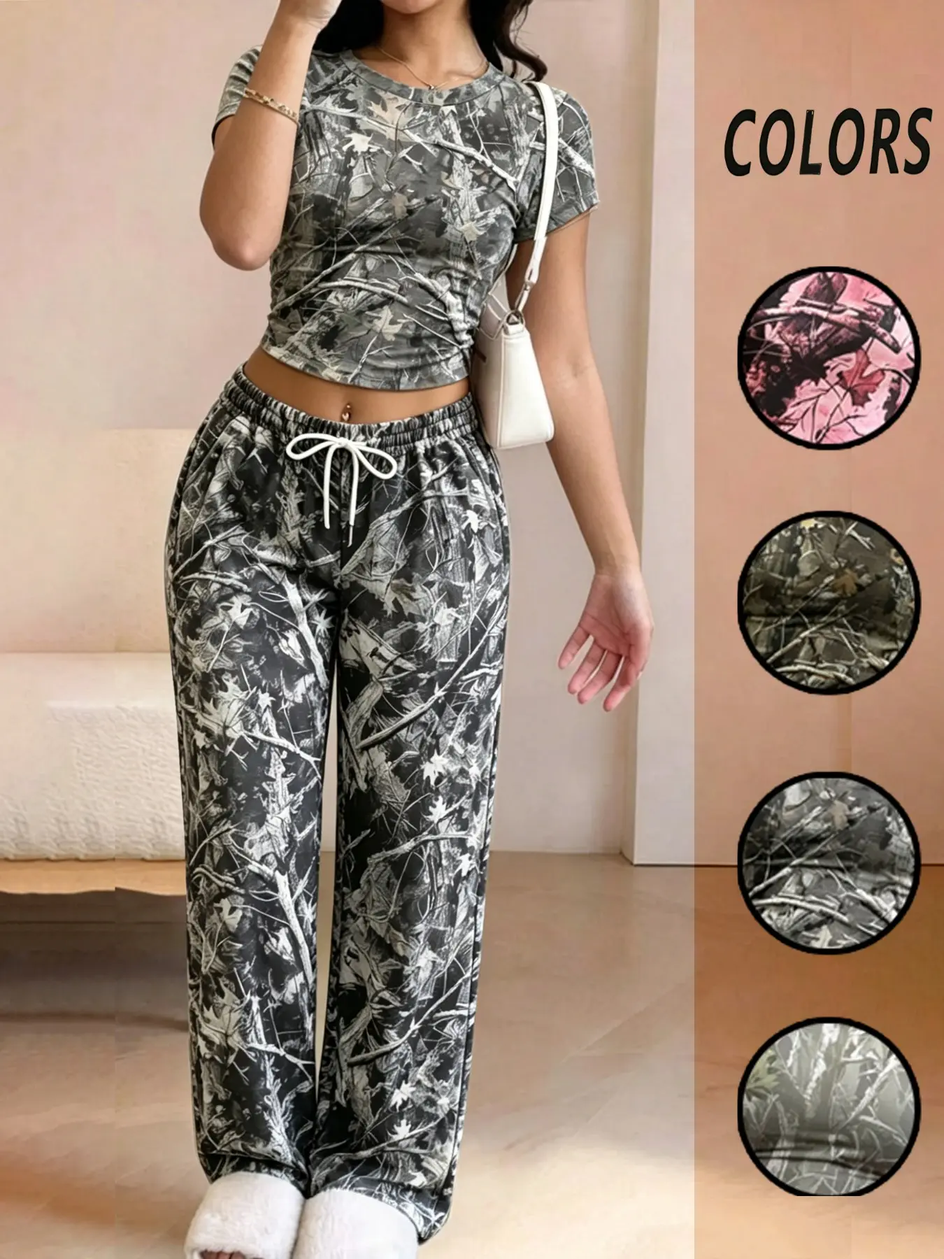 2-Piece Retro Camouflage Print Matching Set, Womenswear, Full-Body Camo Print, Elastic Waist Long Pants & Tight Short Sleeve Tee, Casual All-Season Fit