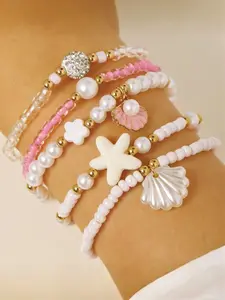 5 Pcs Sweet Macaron Beaded Bracelet Set, Starfish Shell Pendant, Pearl Stackable Bracelets, Perfect for Friends & Beach Days