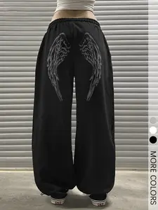 Women's Angel Wings Sweatpants, Black Bottoms with Back Print for Streetwear, Casual Outing and Trendy Daily Fashion, Casual Streetwear Trousers