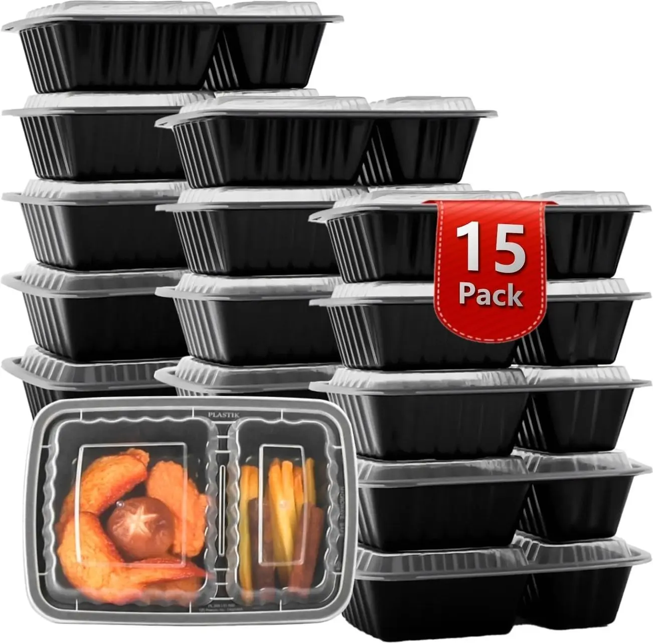 Meal Prep Containers, 2 Compartment Containers, 28 oz, 15 Pack | 15 Pack 28 oz reusable 2-compartment meal prep containers with lids;