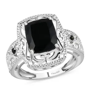 Black Tourmaline Rings - Birthstone Rings for Women - Engagement Promise Ring for Her Statement Vintage Stainless Steel Tourmaline Jewelry Birthday Christmas Gifts for Womens