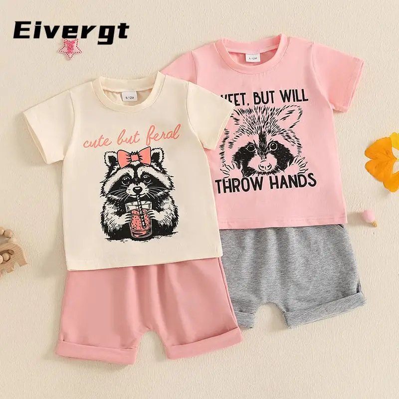 Toddler Girls Summer Outfit Raccoon Letter Print Short Sleeves T-Shirt and Elastic Shorts Set Cute 2 Piece Clothes