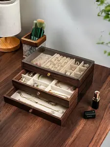 Three-Layer Walnut Wood Jewelry Storage Box, Earrings Necklace Bracelet Organizer, Jewelry Armoire Organizer, Prevents Oxidization, Ideal Gift for Girls Women