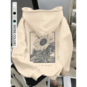 Women’s sunflower print hoodie, casual loose drawstring pocket sweatshirt, autumn and winter fashion, everyday wear, women’s loungewear GARMENTARY