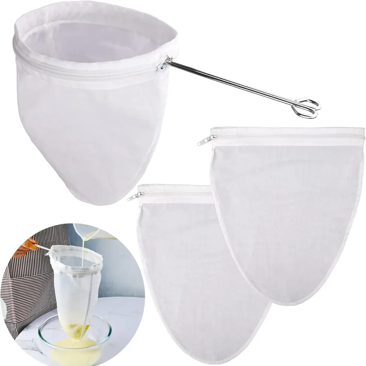Ultra Fine Mesh Strainer Bags, Reusable Mesh Filter Bags with Stainless Steel Handle Frame for Filter NutMilk, Coffee, Milk, Butter, Juices and Fresh Cheese (Small Size)