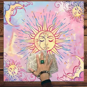 Sun & Moon Pattern Tarot Tablecloth, Mysterious Pink Tarot Card Witchcraft Astrology Divination Board, Gift Packaging Supplies for Party Decor, Halloween