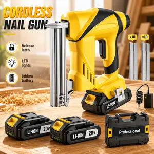 2-in-1 cordless lithium nail gun. Lightweight design for home decoration. Features depth adjustment and safety protection. Comes with 1 battery, charger and assorted nails. Great for indoor wall and flooring work, also a nice gift for men.