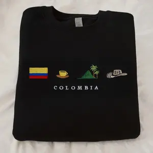 Colombia Embroidery Sweatshirt, Cozy, Black, Sombrero Vueltiao, Cafe Eje Cafetero, Palma de Cera, Andes, Gift, Symbol Stitch Crewneck Unisex