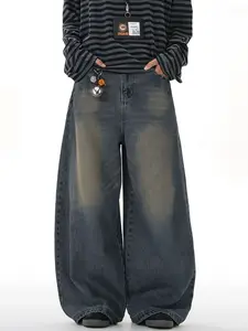 Men's Loose-Fit Jeans, Street Style Distressed Washed Blue Wide-Leg Pants, Skateboard Hip-Hop Casual Wear, Multiple Sizes Available