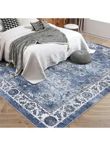 black9ft*12ft-Large Machine Washable Velvet Area Rug - Non-Slip, Foldable, Soft Low Pile Vintage Carpet For High Traffic Living Rooms & Bedrooms