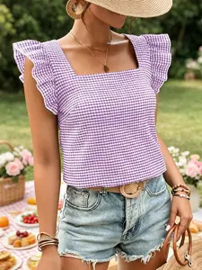 1Pc Fresh Gingham Square Neck Flutter Sleeve Top | French Sweet Feminine Casual Style, Crinkle Texture Fabric + Ruffle Flutter Sleeves, Versatile Short-Sleeve Blouse for Spring/Summer Daily Wear, Picnics & Outings