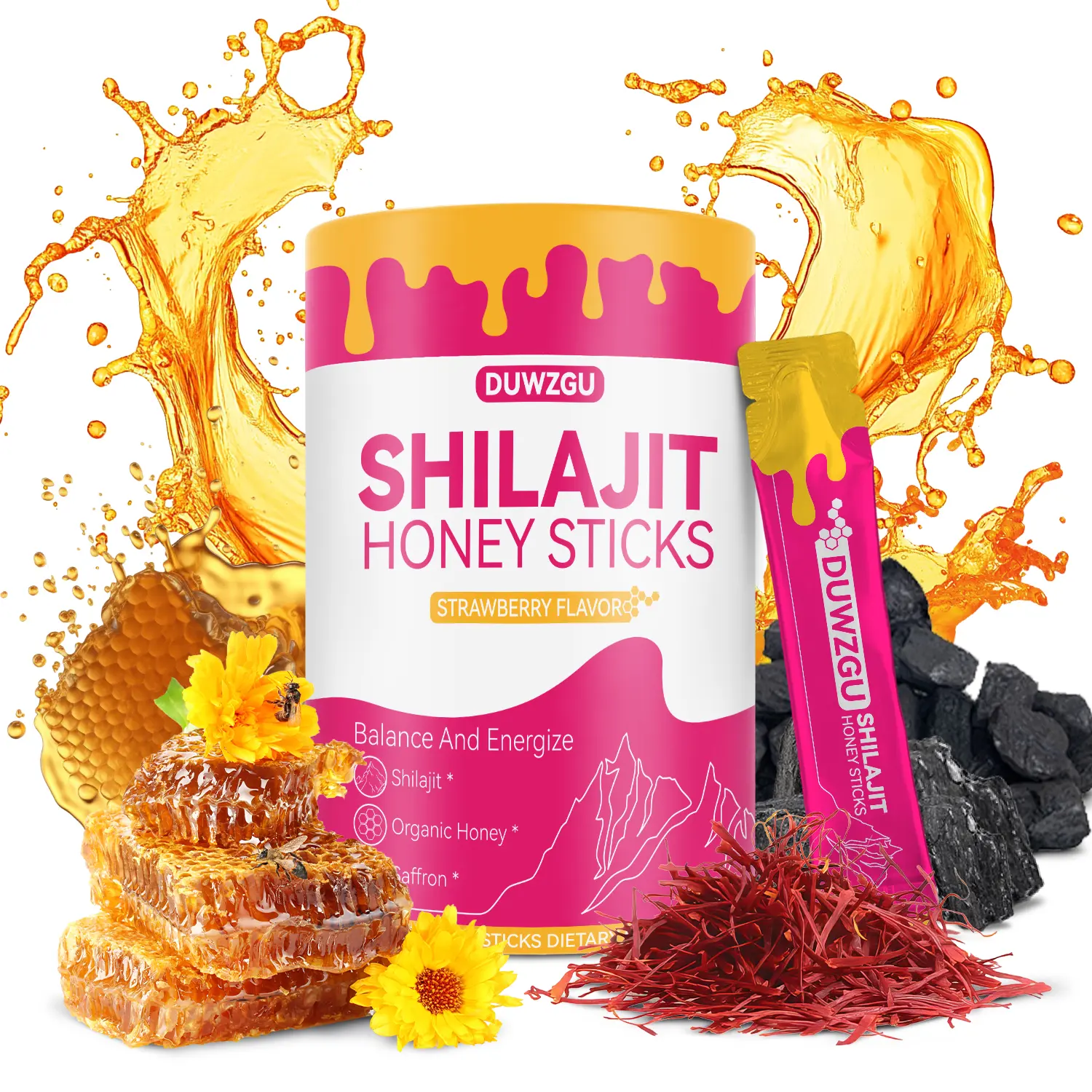 Shilajit Shatavari & Saffron Feminine Honey Sticks | Strawberry Multi-Mineral | Hormonal Balance & Energy Boost | Dietary Supplement
