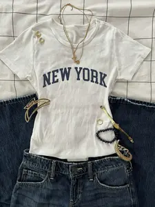 1 New York Graphic T-Shirt, Minimalist City Style Oversized Fit Short Sleeve Streetwear Tee for Women, Casual Daily Wear & Street Fashion Outfits