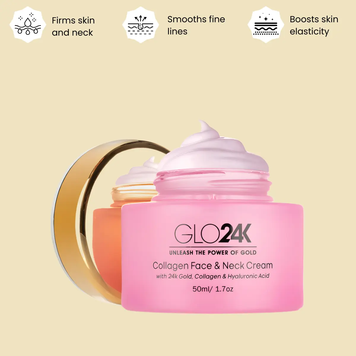 GLO24K Collagen Face & Neck Cream 50ml with 2g Gold Collagen & Hyaluronic Acid for Skin Comfort Moisturization and Rejuvenation