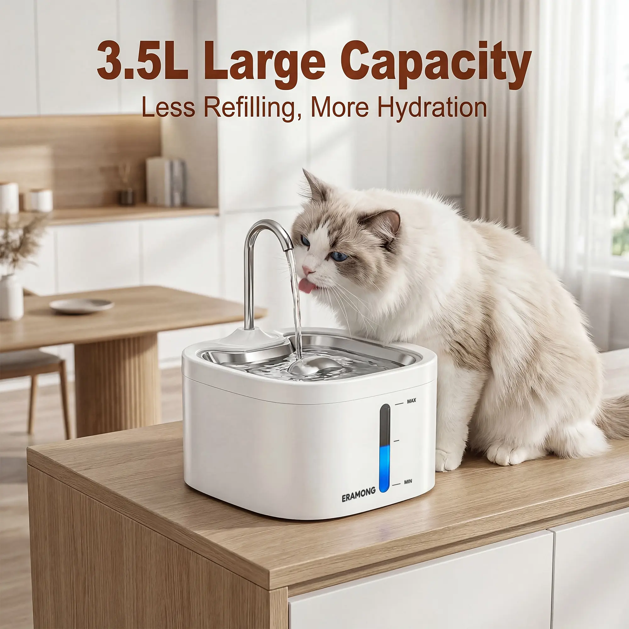 Stainless Steel Cat Water Fountain - 3.5L (118.35oz) Wired Power Automatic Dispenser, 4-Stage Filtration, Ultra-Quiet Pump, Encourages Drinking, Multi-Pet Suitable - W02C