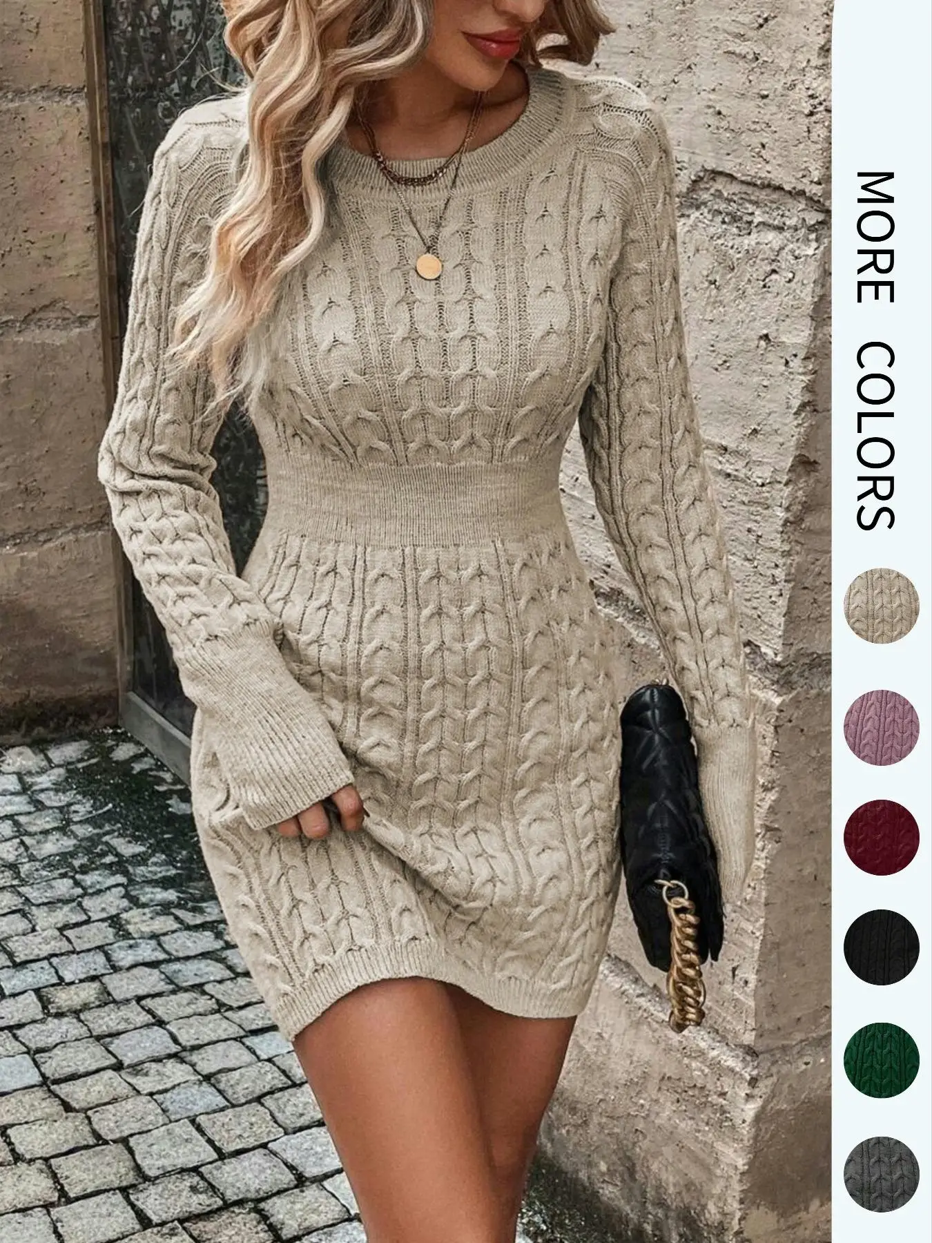 Women's Plain Round Neck Cable Knit Bodycon Sweater Dress, Elegant Fashion Casual Long Sleeve Jumper Dress for Daily Outdoor Wear, Women Knitwear for