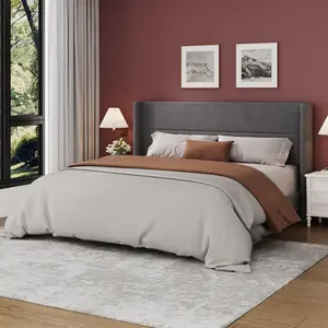 King Size Grey Velvet Upholstered Platform Bed Frame with Wingback Headboard Strong Wooden Slat Support Heavy Duty Stable Structure No Box Spring Needed Noise-Free Quick Easy Assembly Modern Luxury Bedroom Furniture